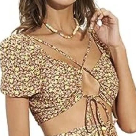 Maaji Womens Beach Wear Tops Sz M Cutout Ditsy Flower Pink Yellow Versatile Wear - Picture 2 of 15